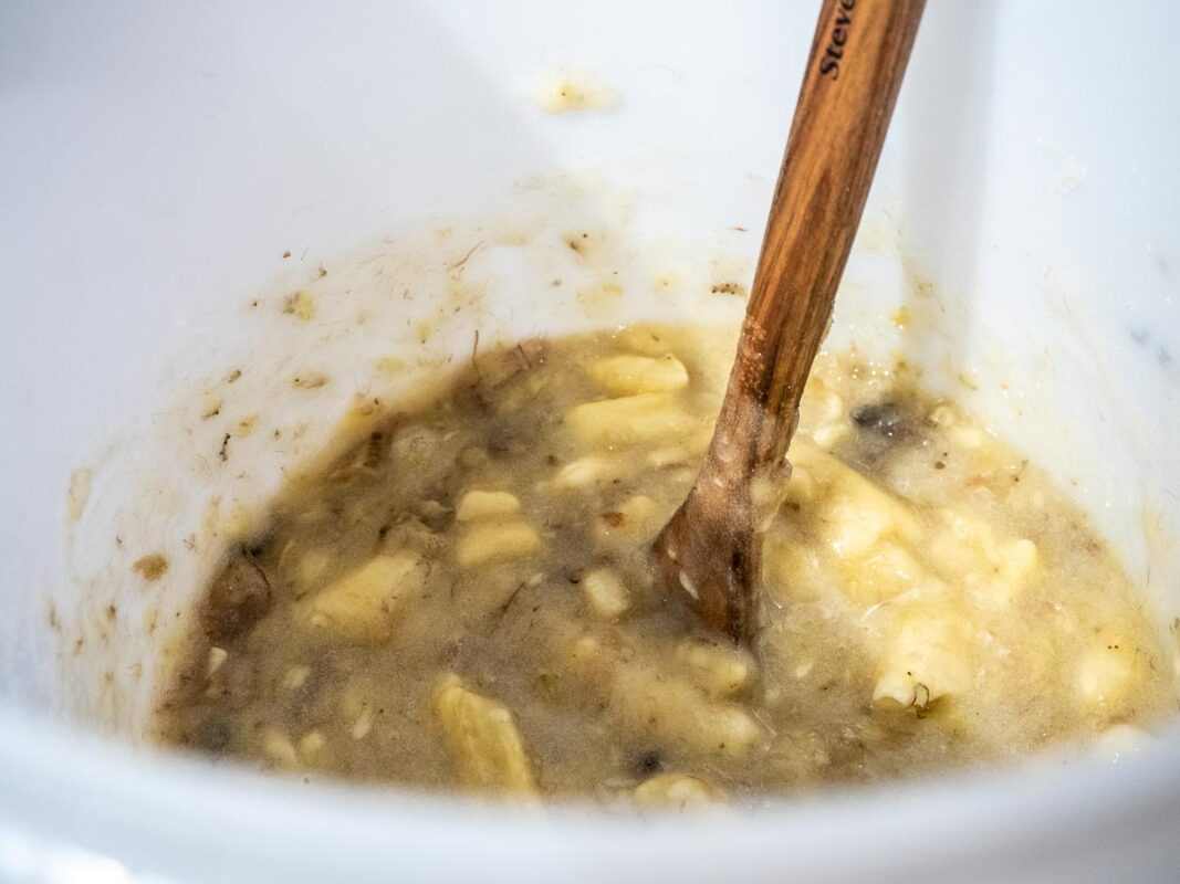 Banana Moonshine Recipe (How To Make Easy Banana Brandy At Home) 10 Image of DIY Distilling mashing the bananas with the sugar